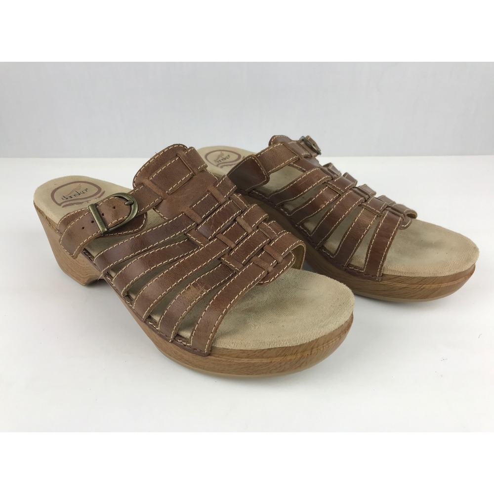 Dansko Womens Brown Leather Strappy Adjustable Buckle Heel Wedge Sandals Size 40